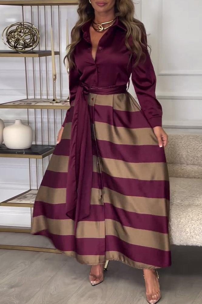 Chrysella | Elegant Striped Buttoned V-Neck Maxi Dress with Belt