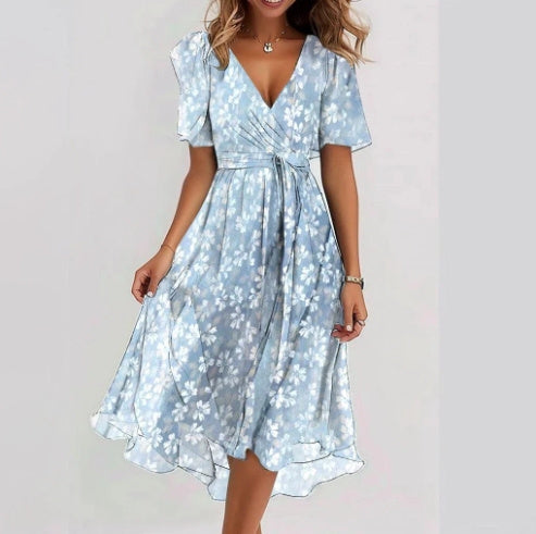Eliza | Women's Floral Deep V-Neck Cinched Waist Chiffon Midi Dress for Summer
