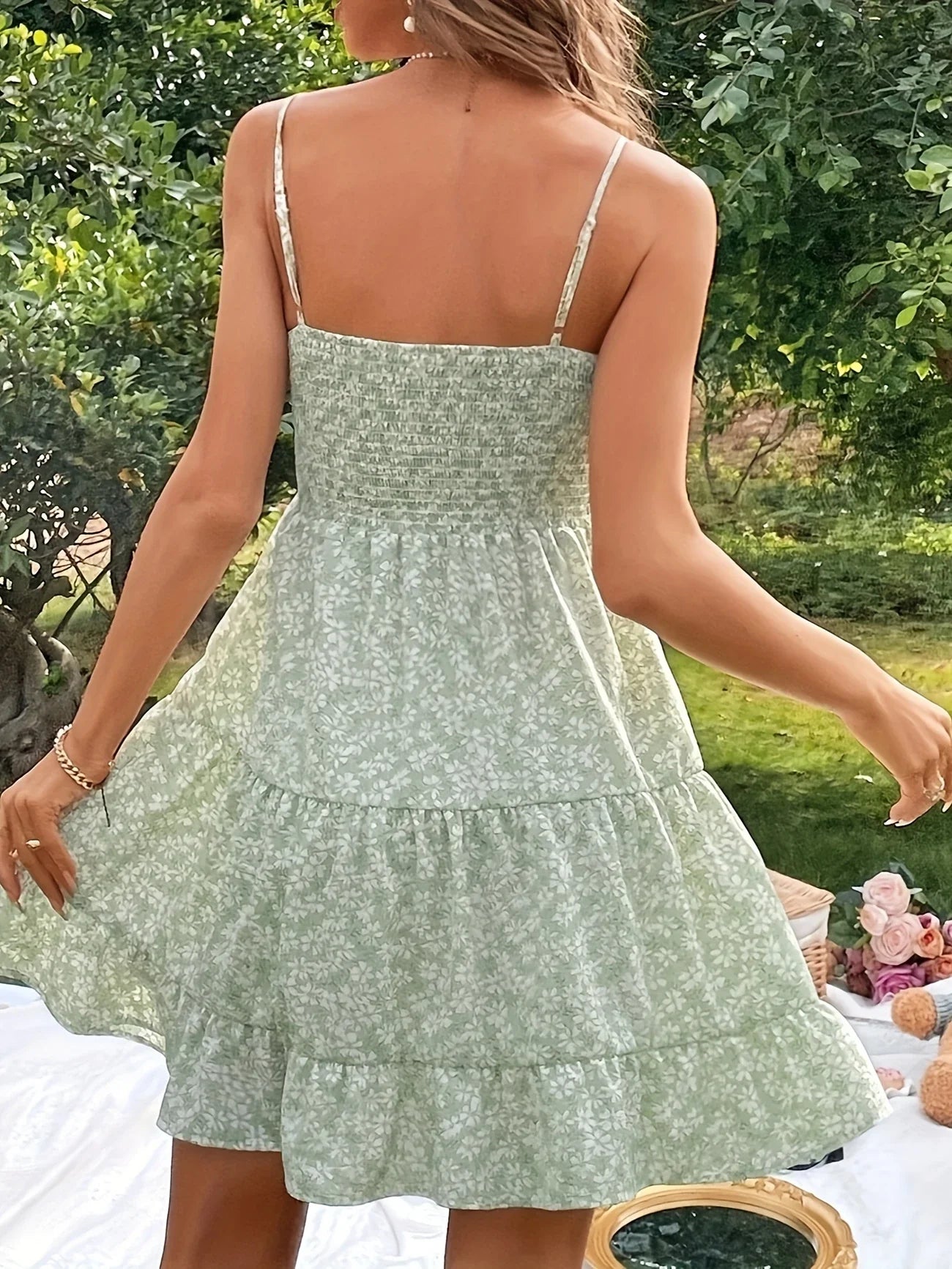 Maya | Women's Floral Spaghetti Strap Square Neck Cinched Waist Summer Mini Dress