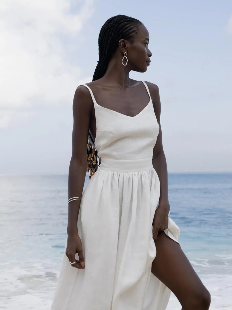 Marigold | Women’s Backless Linen Summer Maxi Dress with Tie Shoulder Straps
