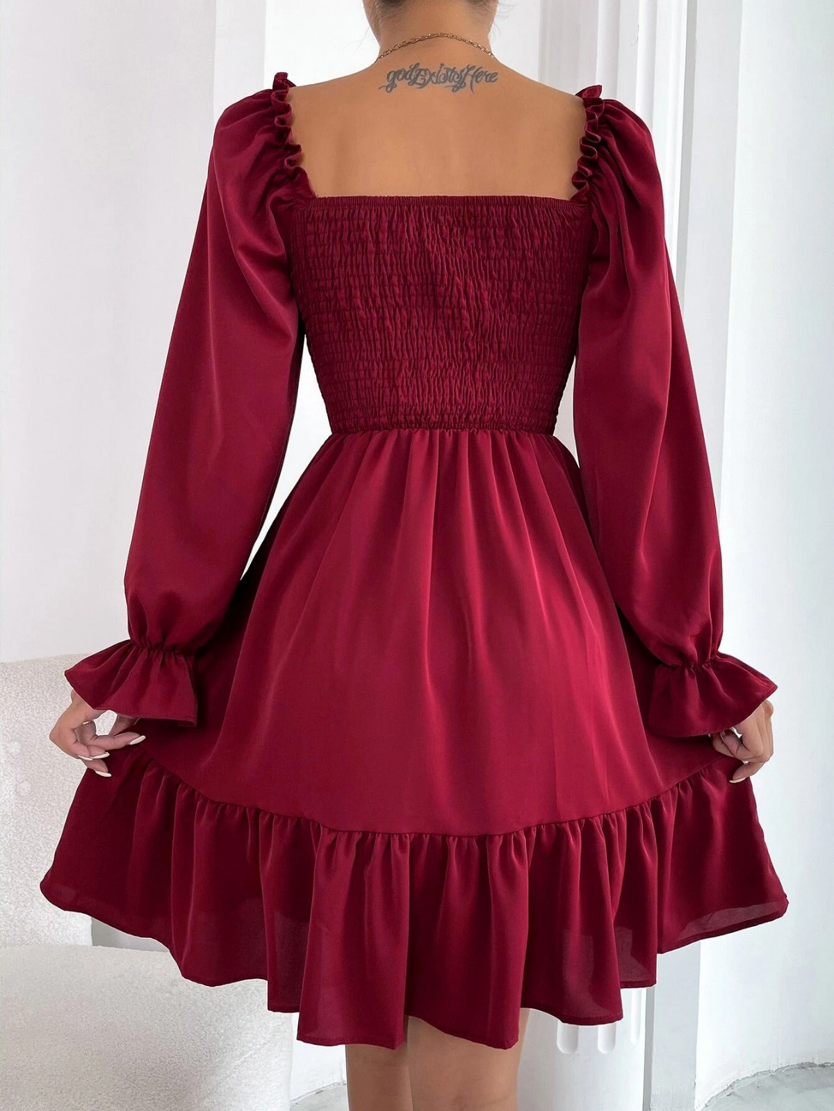 Sibylla | Women’s Solid Colour Square Neck Pleated Mini Dress with Bishop Sleeves & Ruffled Hem