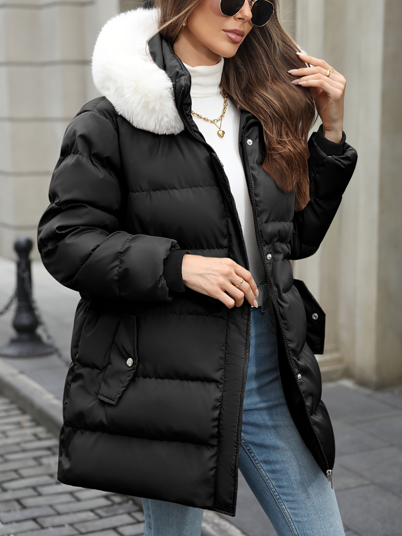 Trudy | Women’s Padded Down Jacket with Fur Hood – Warm Zipped Winter Coat