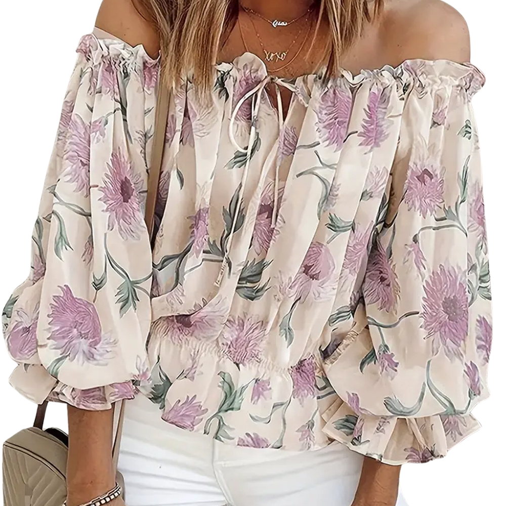 Araminta | Floral Off-Shoulder Blouse – Long Puff Sleeves, Casual Summer Top for Women