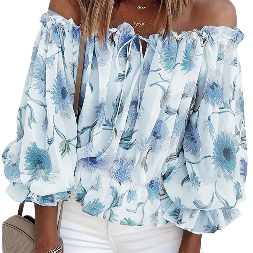 Araminta | Floral Off-Shoulder Blouse – Long Puff Sleeves, Casual Summer Top for Women