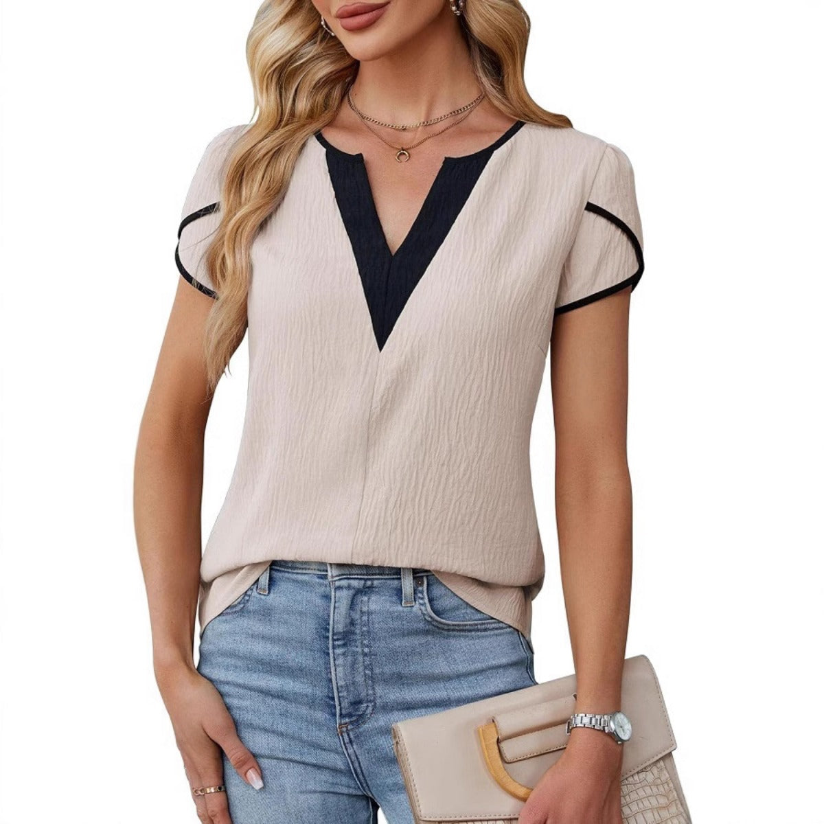 Telyn | Women’s Two-Tone Petal Sleeve V-Neck Summer Blouse – Lightweight & Elegant Casual Top