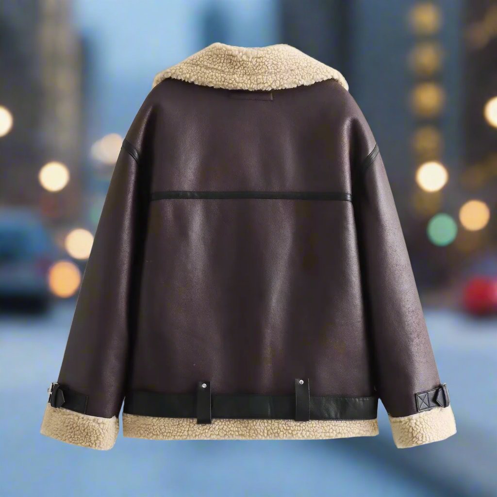 Eliani | Women's Zip-Up PU Leather Jacket with Fleece Lining and Belt