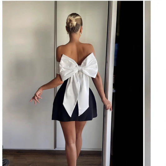 Seliora | Women’s Two-Tone Off-Shoulder Mini Party Dress with Statement Back Bow