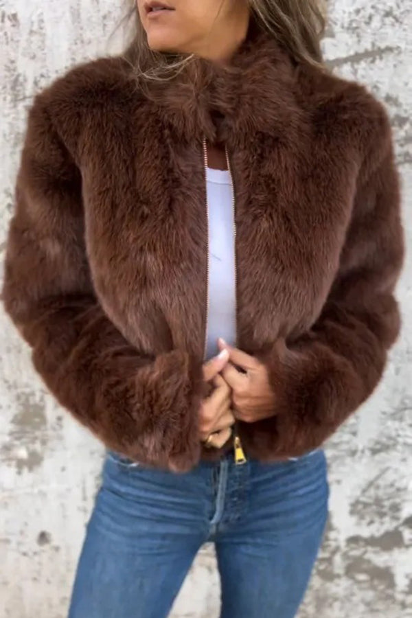 Earnhild | Women’s Faux Fur Turtleneck Jacket with Zip Closure