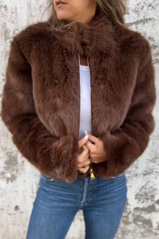 Earnhild | Women’s Faux Fur Turtleneck Jacket with Zip Closure