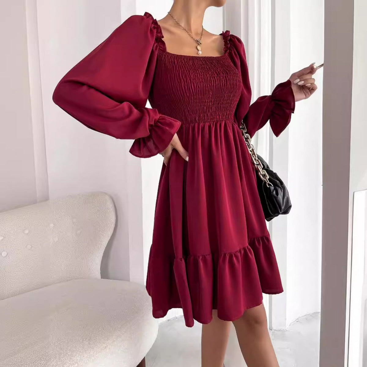 Sibylla | Women’s Solid Colour Square Neck Pleated Mini Dress with Bishop Sleeves & Ruffled Hem