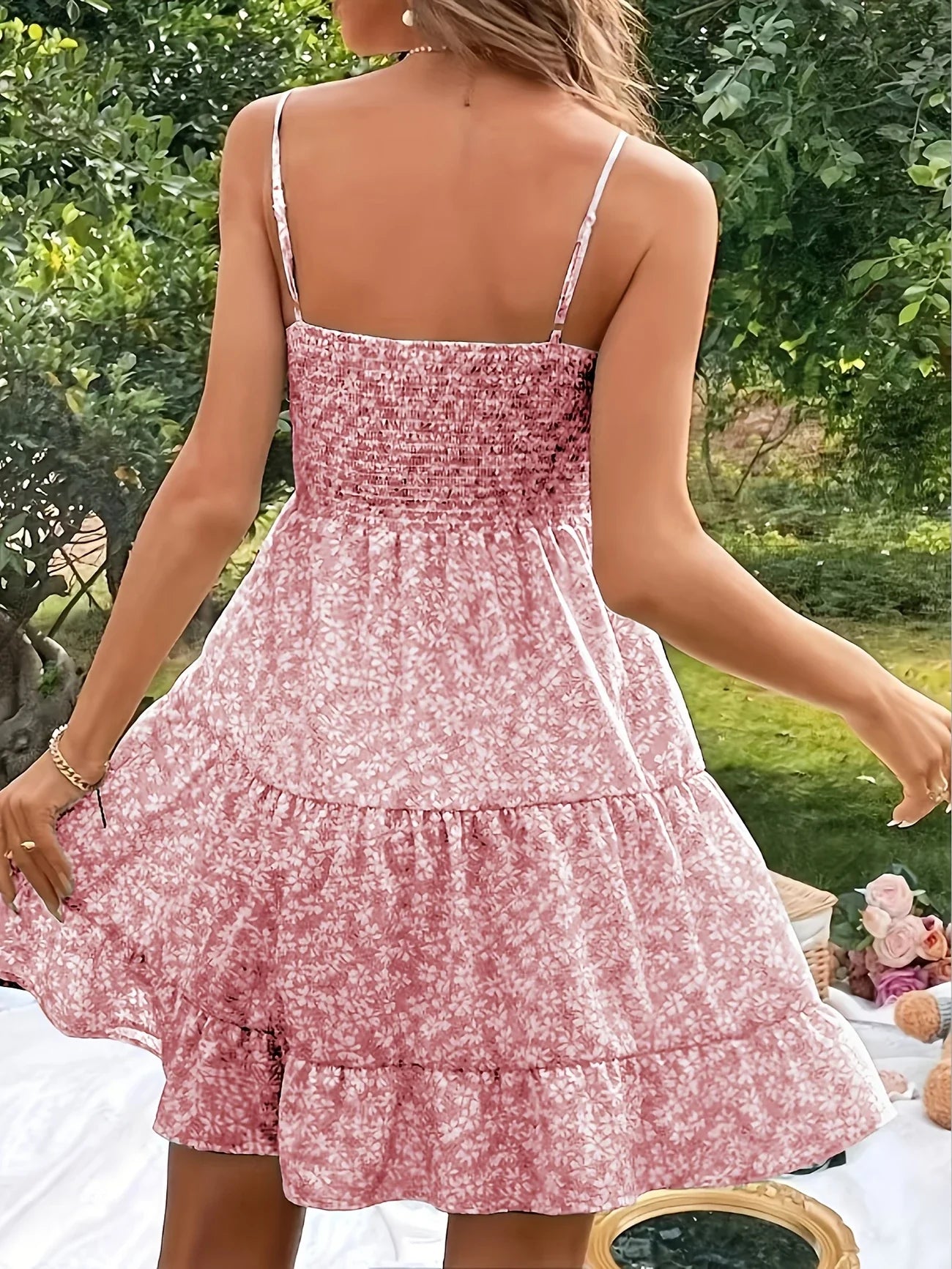 Maya | Women's Floral Spaghetti Strap Square Neck Cinched Waist Summer Mini Dress