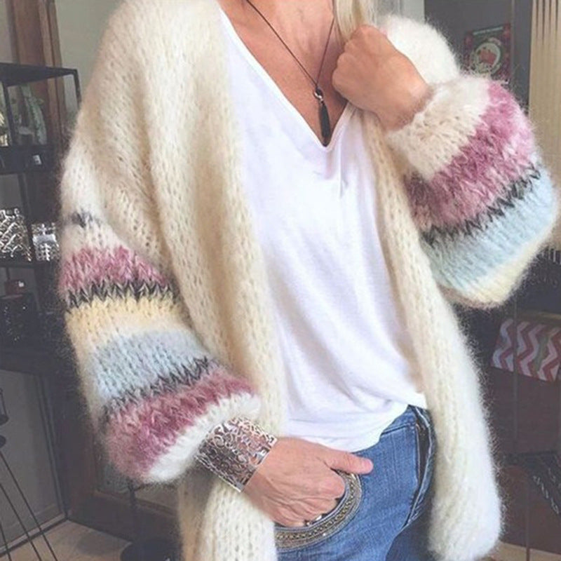Tascha | Women's Soft Knitted Open Front Cardigan with Multicolor Striped Sleeves