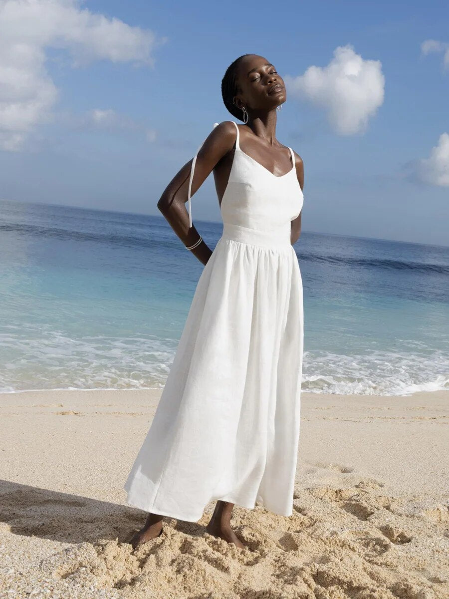 Marigold | Women’s Backless Linen Summer Maxi Dress with Tie Shoulder Straps