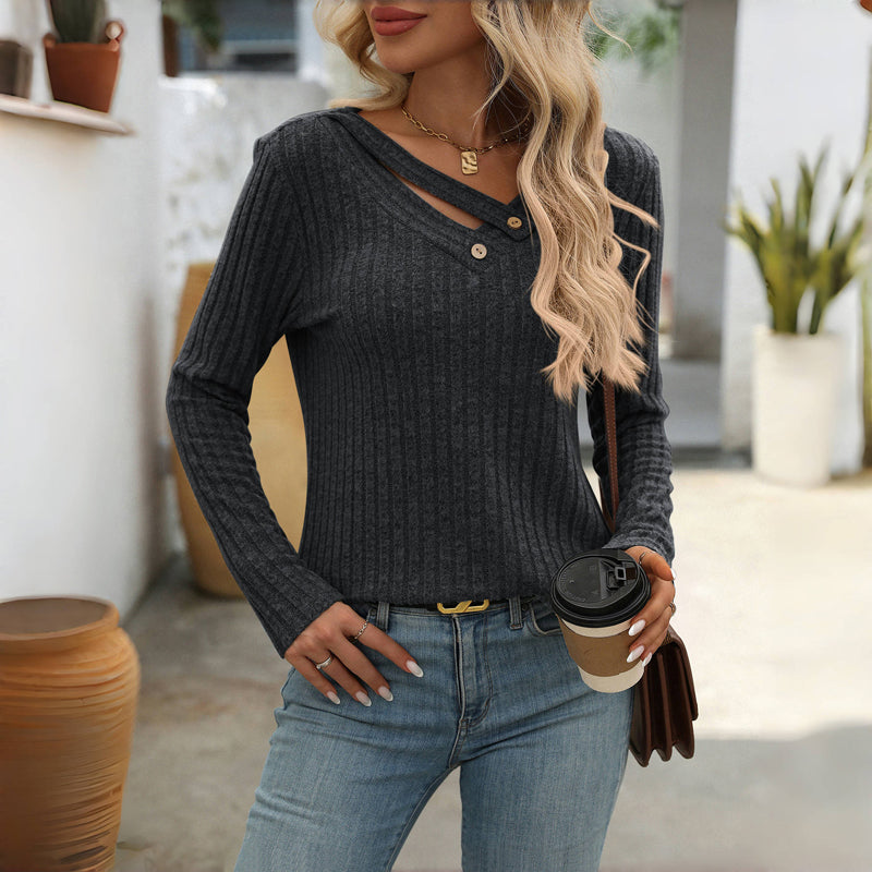 Angela | Women’s Solid Colour V-Neck Buttoned Sweater