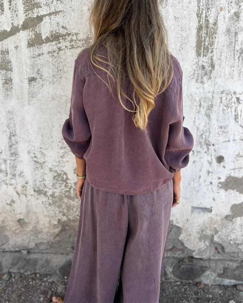 Dorigen | Women's Solid Colour Two-Piece Set with Buttoned Tie-Hem Blouse and Wide-Leg Trousers