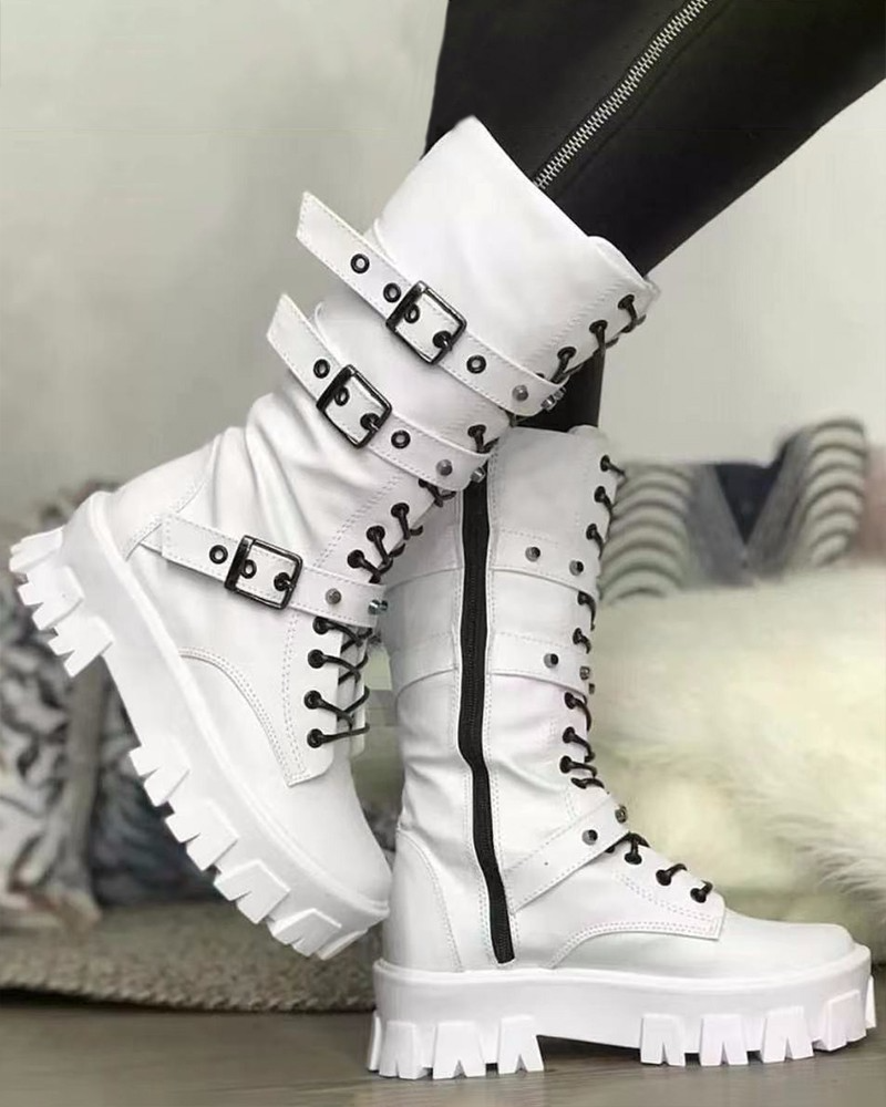 Elwynn | Women's White Military-Style Boots with Lace-Up Design and Buckle Detailing