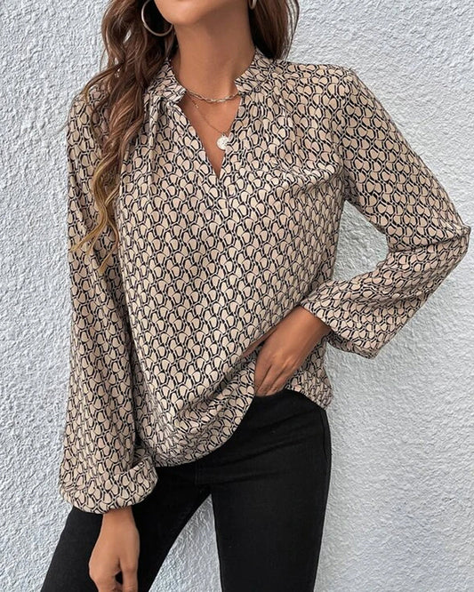 Audris | Printed V-Neck Blouse – Stylish Long Sleeve Casual Office Top for Women