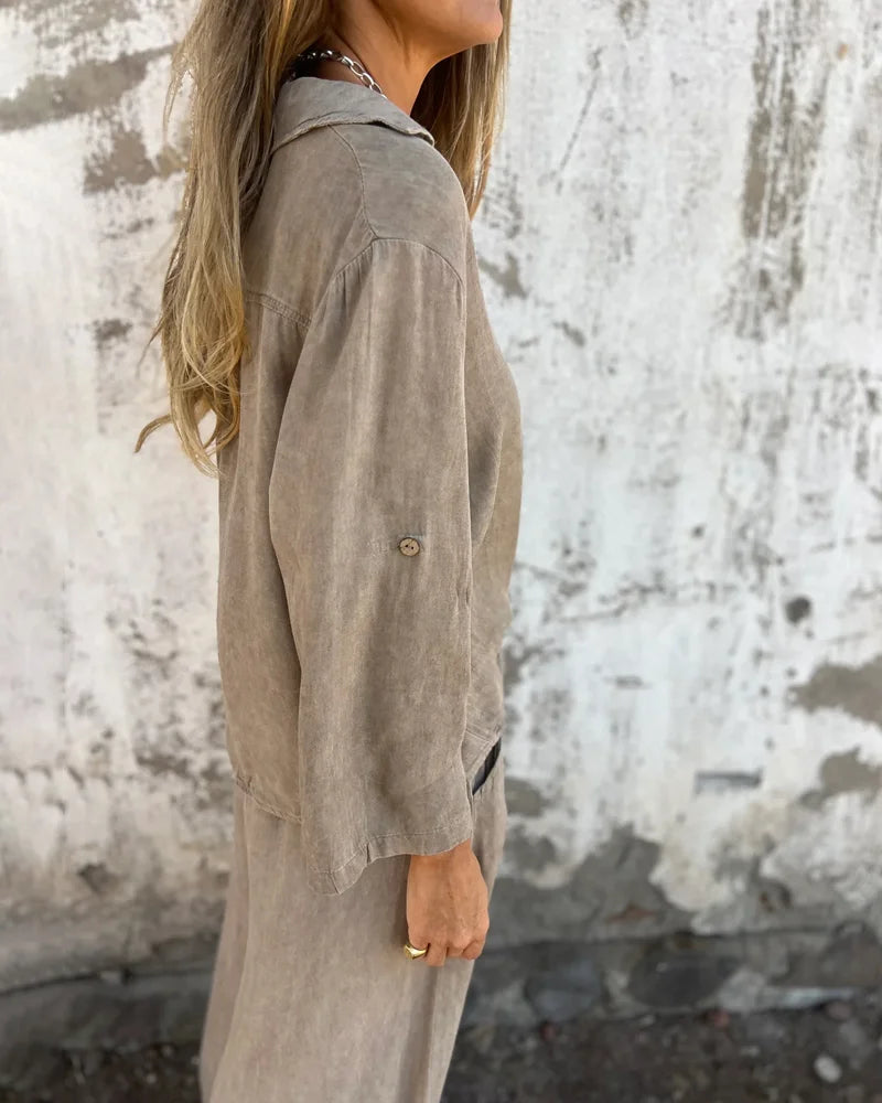 Dorigen | Women's Solid Colour Two-Piece Set with Buttoned Tie-Hem Blouse and Wide-Leg Trousers