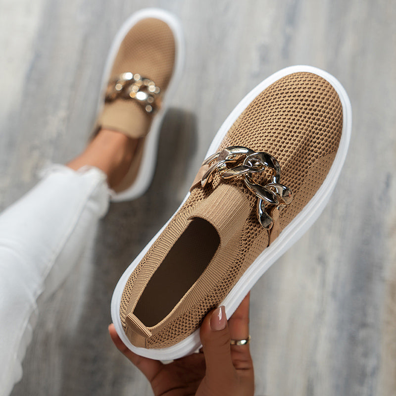 Octavia | Women's Mesh Slip-On Platform Loafers with Gold Chain Detailing – Stylish, Breathable & Comfortable