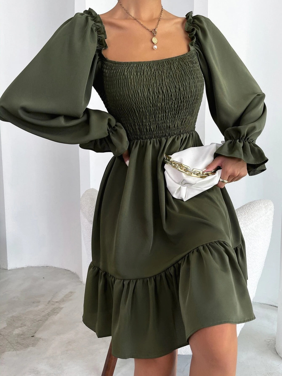 Sibylla | Women’s Solid Colour Square Neck Pleated Mini Dress with Bishop Sleeves & Ruffled Hem