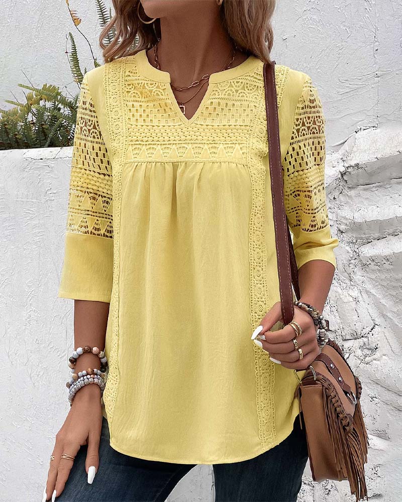 Arwenna | Yellow Linen Blouse – Lace Detail 3/4 Sleeve Casual Office Top for Women