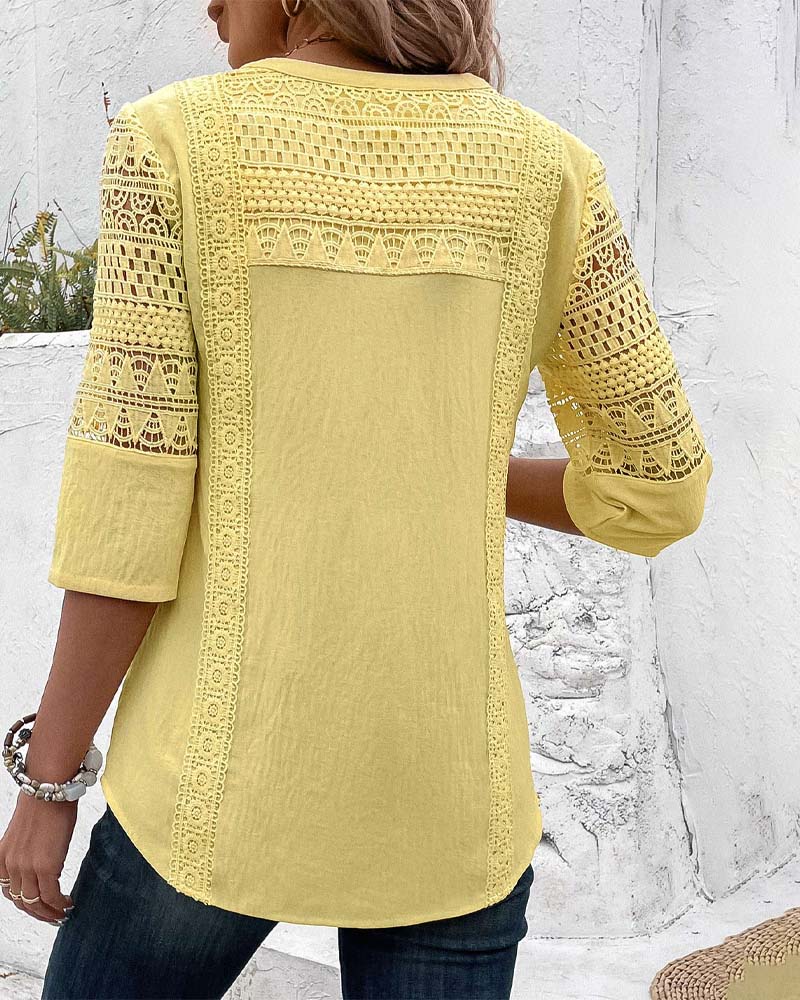 Arwenna | Yellow Linen Blouse – Lace Detail 3/4 Sleeve Casual Office Top for Women