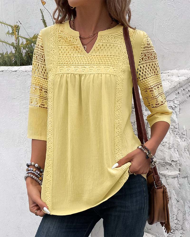 Arwenna | Yellow Linen Blouse – Lace Detail 3/4 Sleeve Casual Office Top for Women
