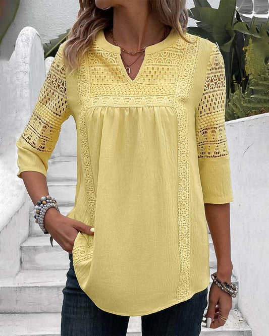 Arwenna | Yellow Linen Blouse – Lace Detail 3/4 Sleeve Casual Office Top for Women