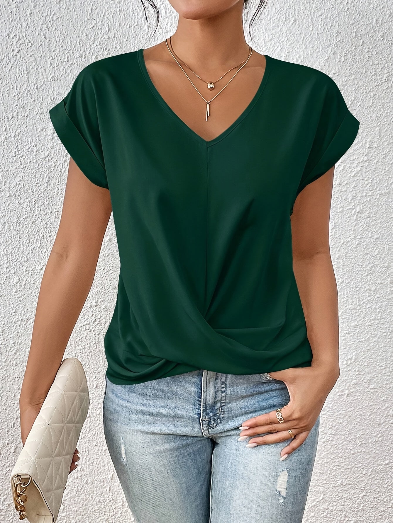 Florence | Women's V-Neck Twisted Hem Blouse – Soft Fabric, Rolled Sleeves & Classic Fit