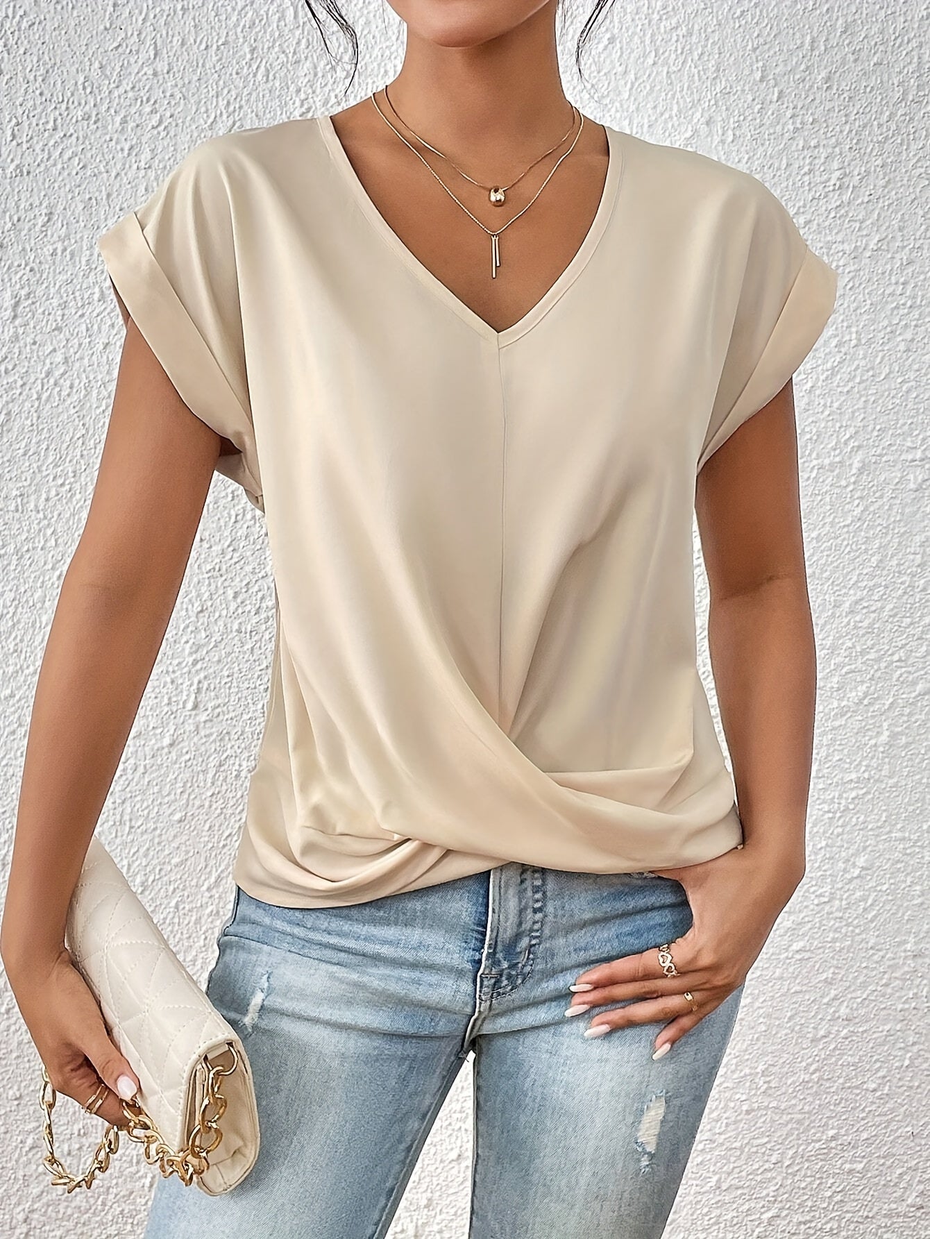 Florence | Women's V-Neck Twisted Hem Blouse – Soft Fabric, Rolled Sleeves & Classic Fit