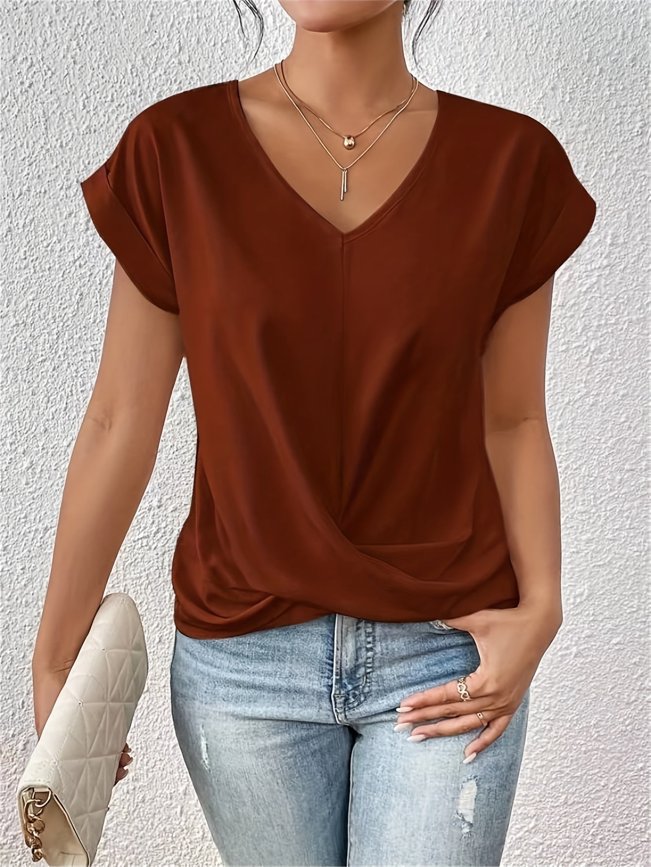 Florence | Women's V-Neck Twisted Hem Blouse – Soft Fabric, Rolled Sleeves & Classic Fit