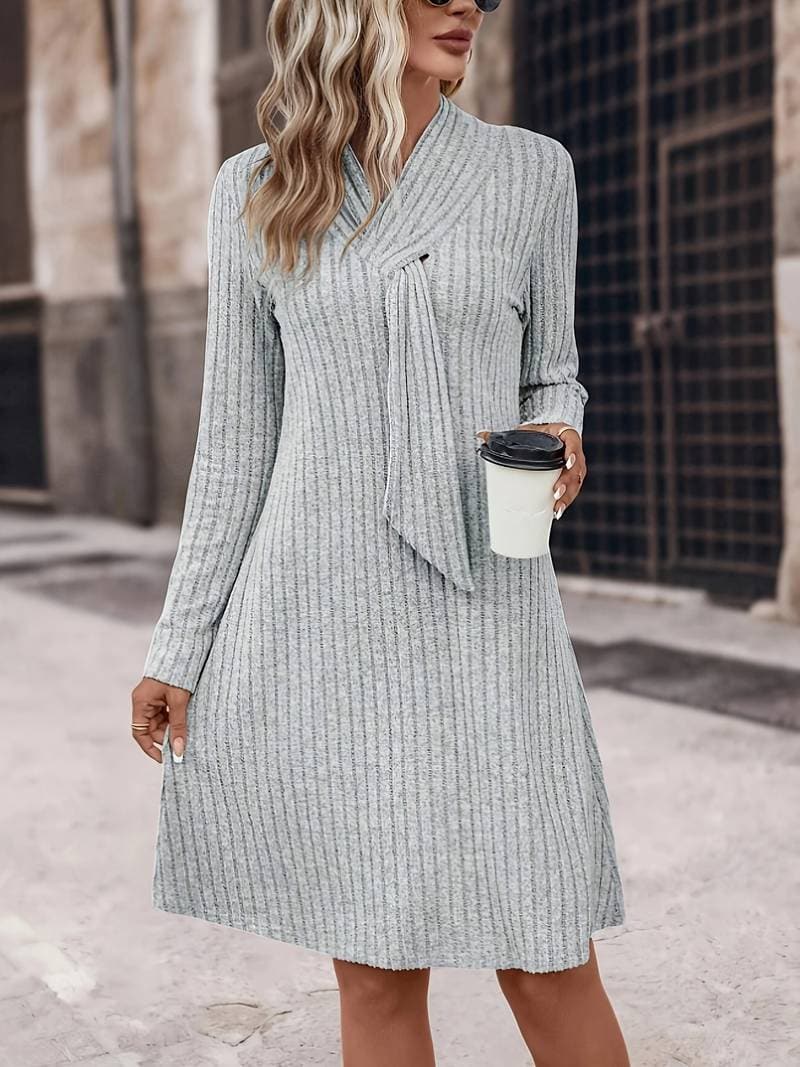 Nessa | Women's Elegant Slim-Fit Long Sleeve Knitted Dress in Grey
