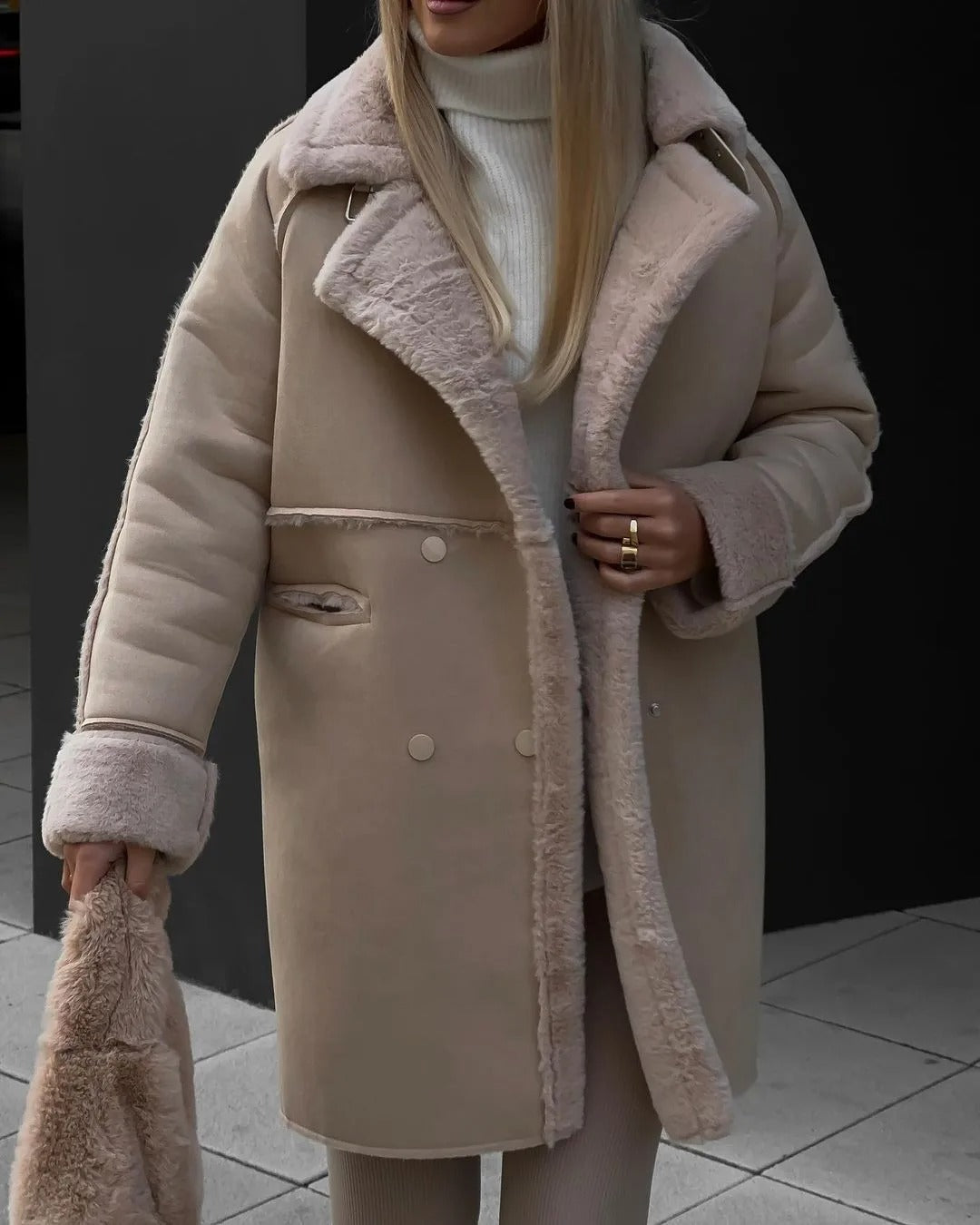 Edilda | Women's Long Coat with Soft Fleece Lining and Classic Lapel Collar