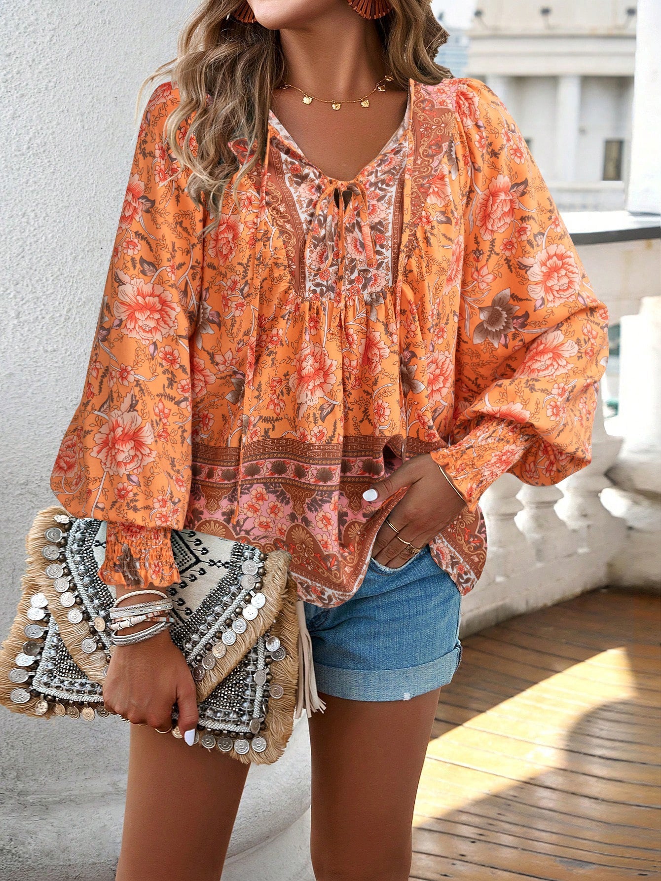 Delilah | Women's Floral Bohemian Blouse with Lantern Sleeves and Loose Fit