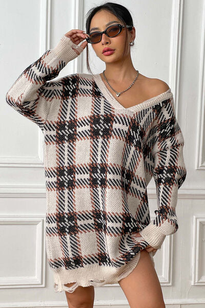 Quindra | Long Knit Sweater with Check Pattern and Relaxed Fit