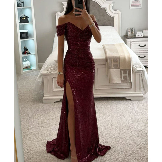 Brielle | Women's Glitter Off-Shoulder Maxi Dress with High Slit
