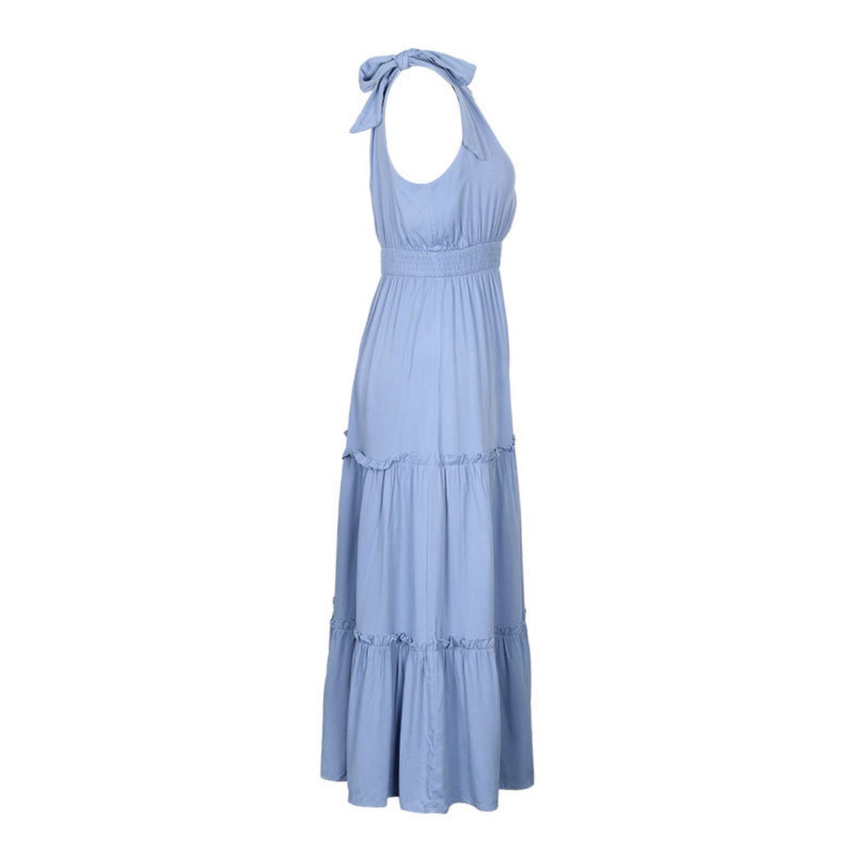 Tallis | Women's Blue V Neck Tie Sleeveless Midi Dress with Cinched Waist
