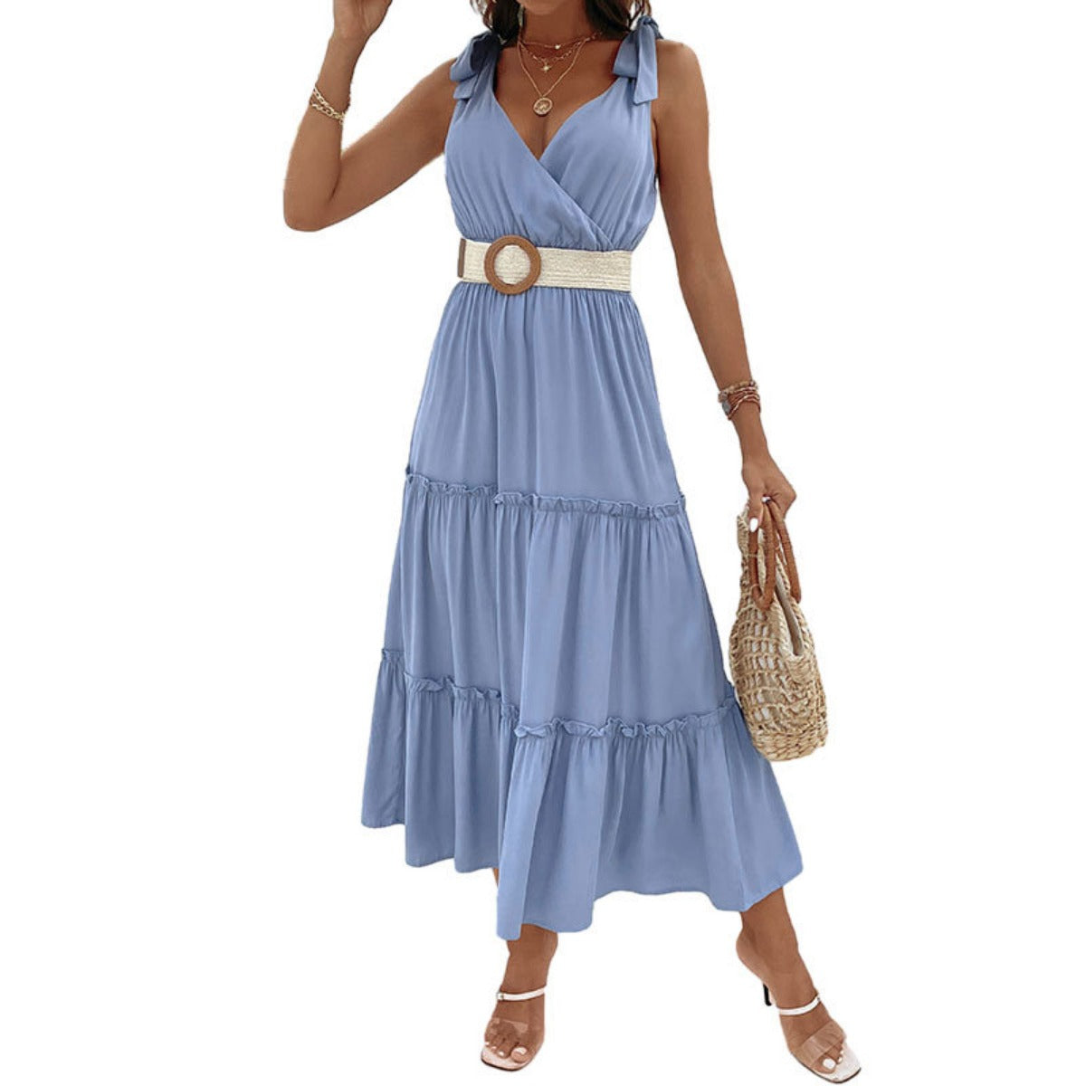 Tallis | Women's Blue V Neck Tie Sleeveless Midi Dress with Cinched Waist