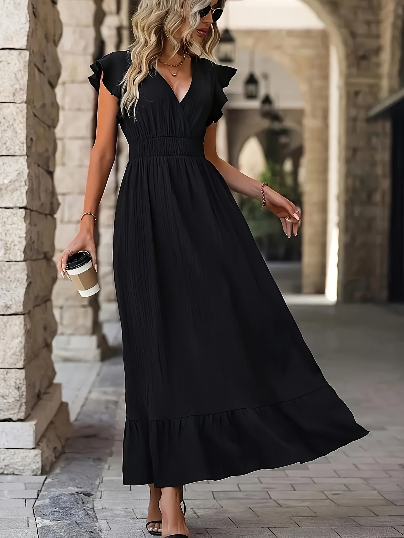 Zelda | Women's Ruffled V Neck Maxi Dress with Cinched Waist and Flowy Design