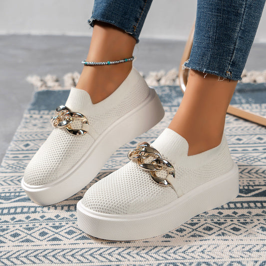 Octavia | Women's Mesh Slip-On Platform Loafers with Gold Chain Detailing – Stylish, Breathable & Comfortable