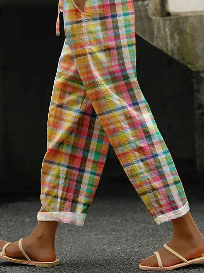 Milda | Women's Relaxed Trousers with Vintage Plaid Pattern and Adjustable Drawstring