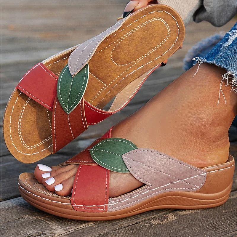 Ursalyn | Women’s Colourful Leaf Strap Platform Sandals – Comfy Slip-On Summer Open Toe Shoes