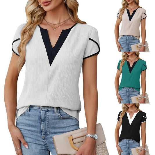 Telyn | Women’s Two-Tone Petal Sleeve V-Neck Summer Blouse – Lightweight & Elegant Casual Top