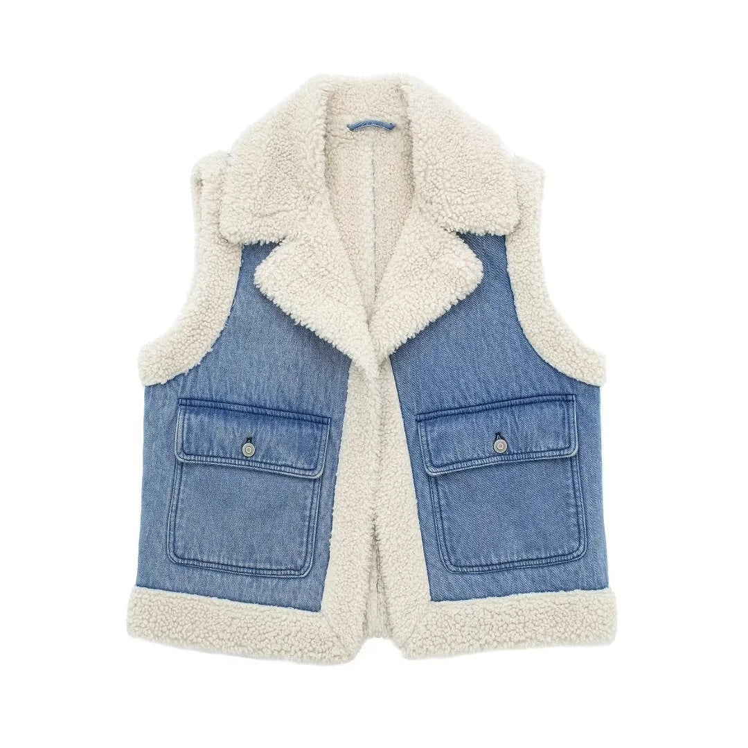 Helmina | Women’s Sleeveless Denim Patchwork Blazer – Fleece Lined, Stylish with Functional Pockets