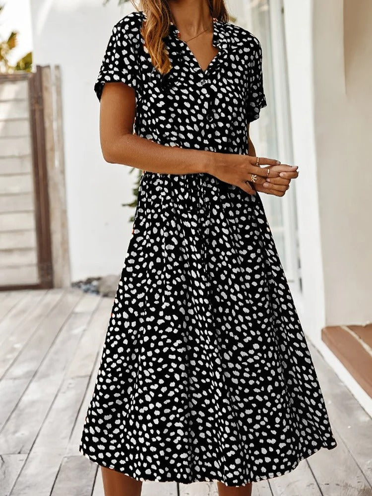 Astrid | Women's Polka Dot/Leopard Print Tie Waist Midi Summer Dress
