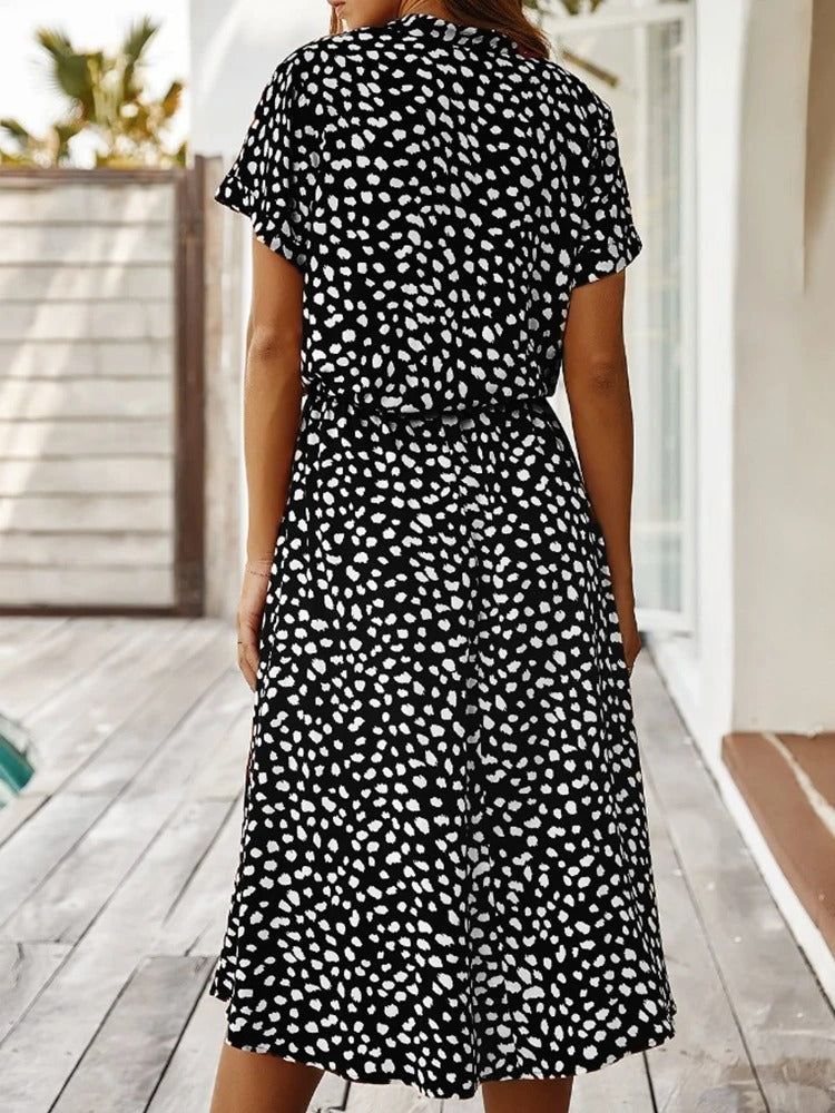 Astrid | Women's Polka Dot/Leopard Print Tie Waist Midi Summer Dress