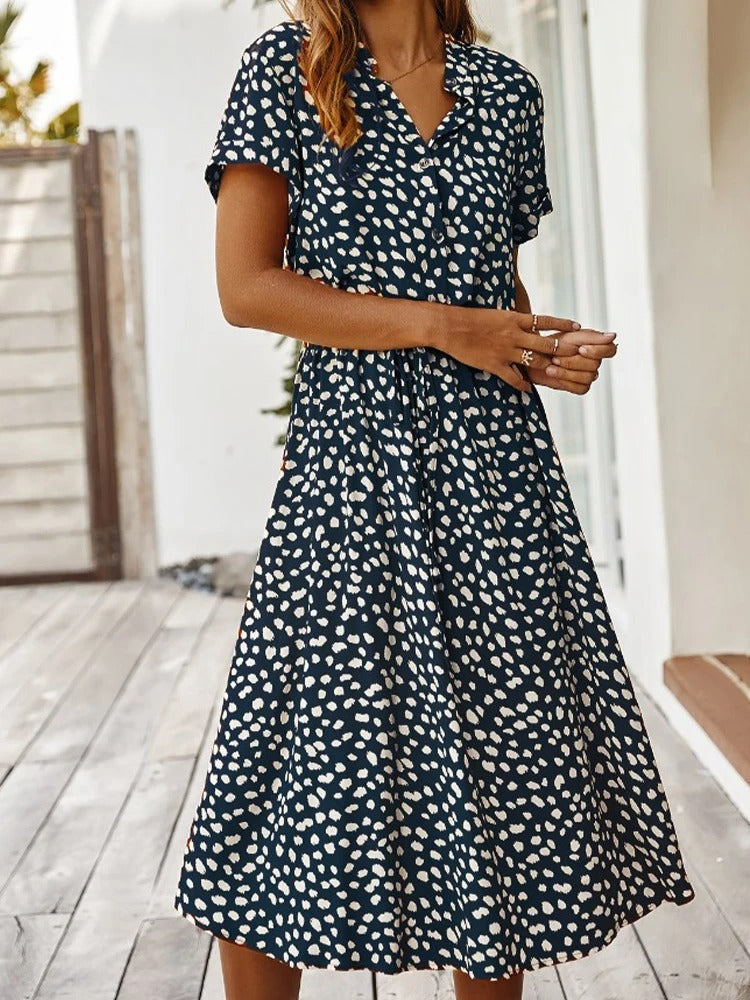 Astrid | Women's Polka Dot/Leopard Print Tie Waist Midi Summer Dress