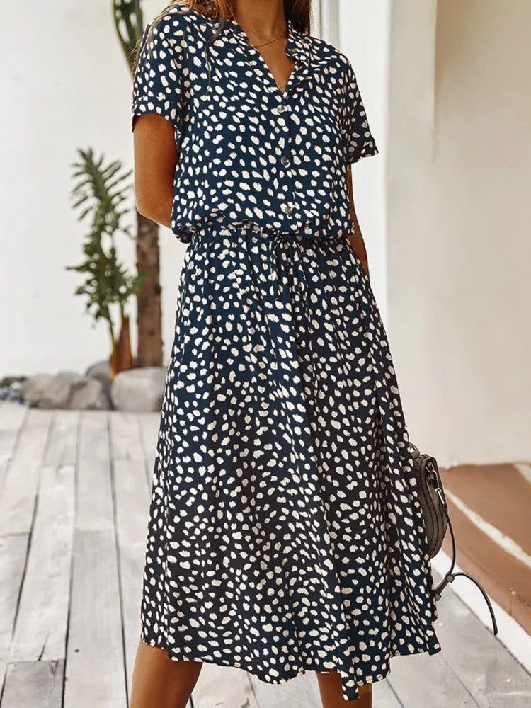 Astrid | Women's Polka Dot/Leopard Print Tie Waist Midi Summer Dress