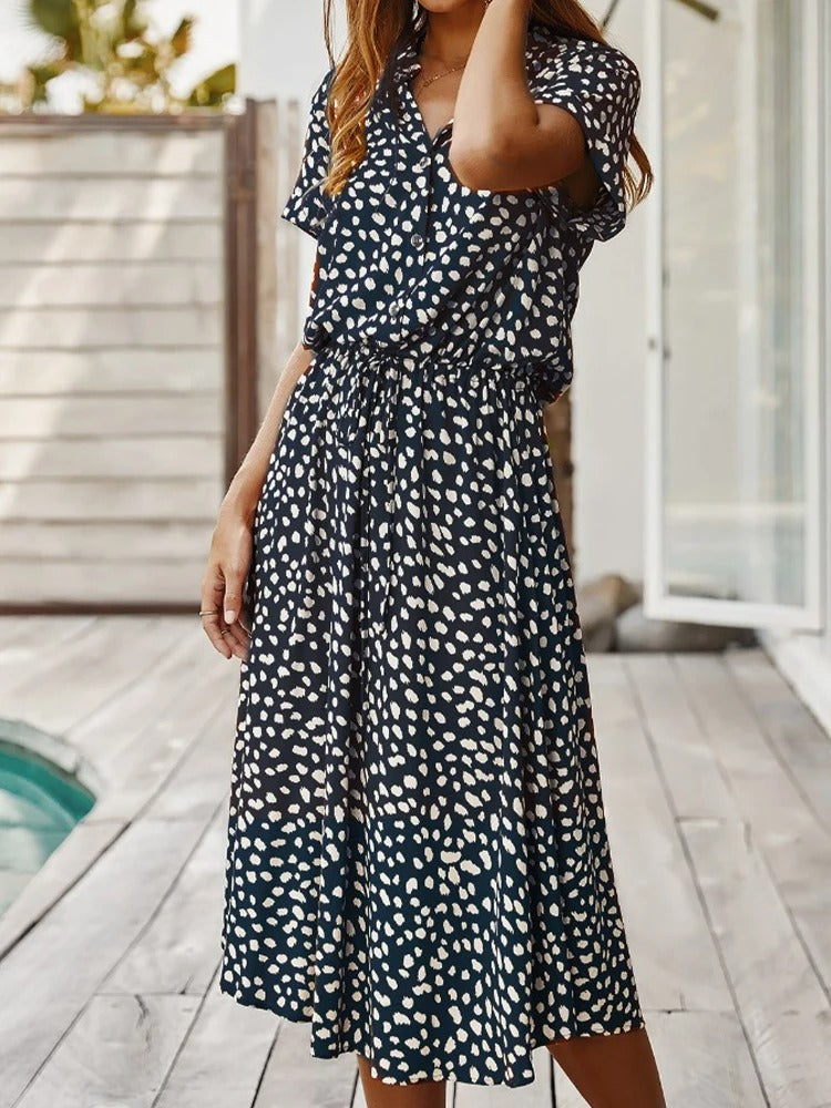 Astrid | Women's Polka Dot/Leopard Print Tie Waist Midi Summer Dress