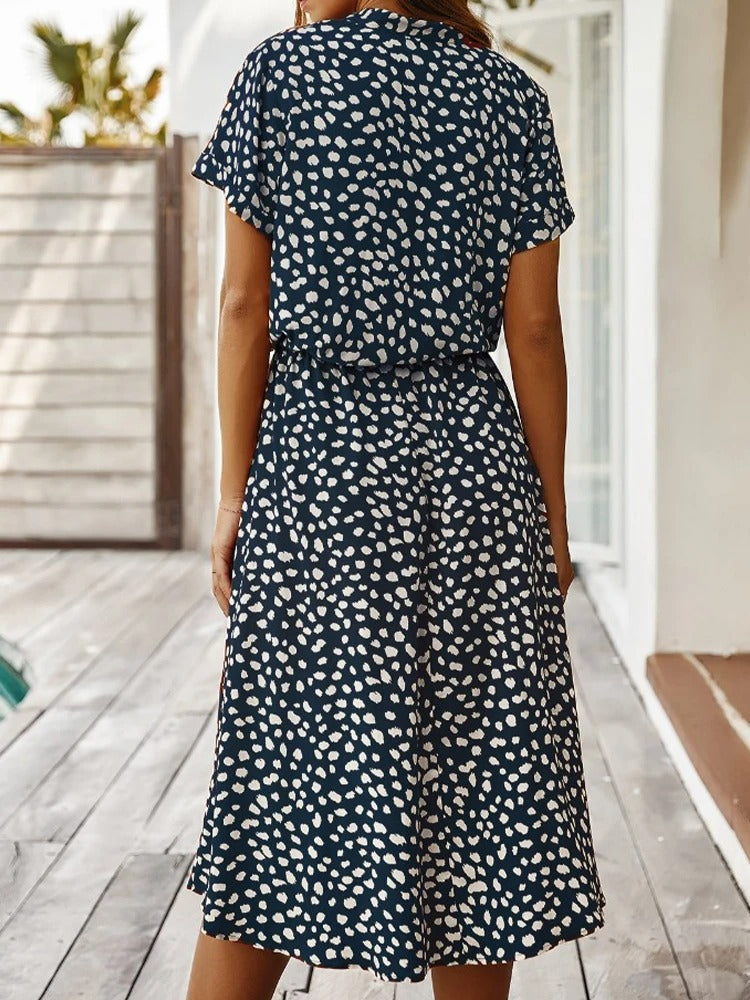 Astrid | Women's Polka Dot/Leopard Print Tie Waist Midi Summer Dress